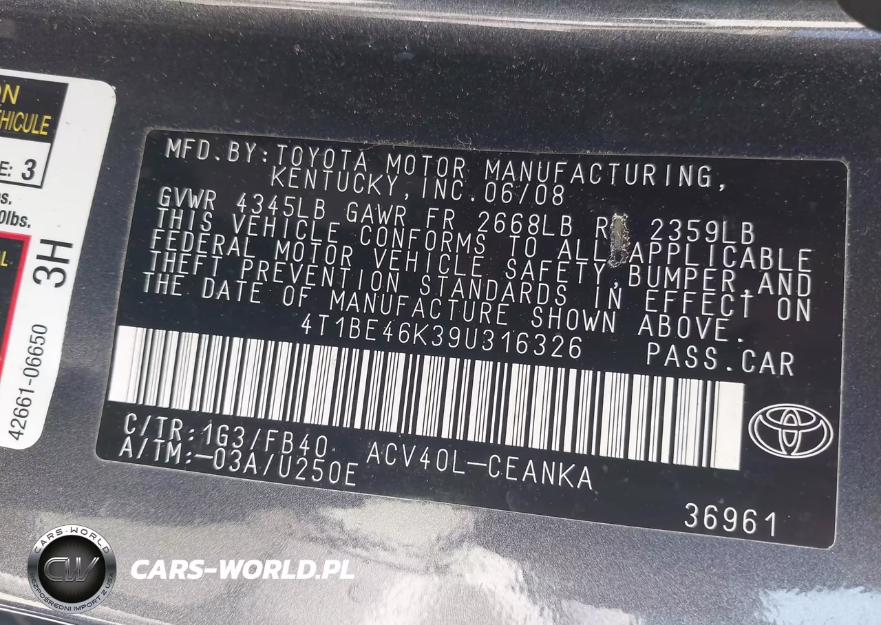 2009 Toyota Camry Le VIN:4T1BE46K39U316326 - 9