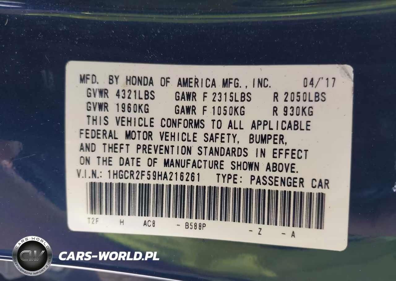 2017 Honda Accord Sport VIN:1HGCR2F59HA216261 - 9