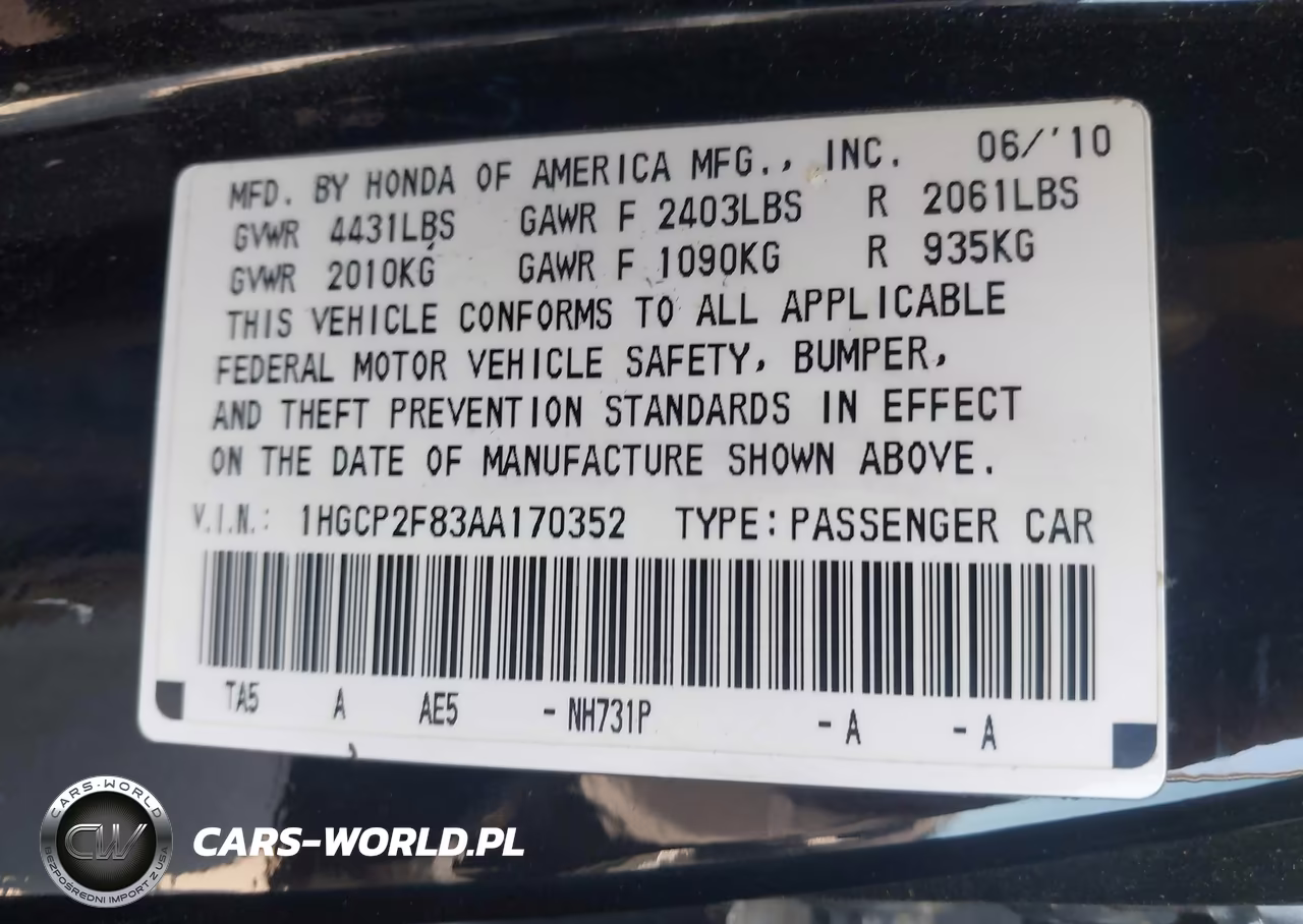 2010 Honda Accord 2.4 Ex-L VIN:1HGCP2F83AA170352 - 9