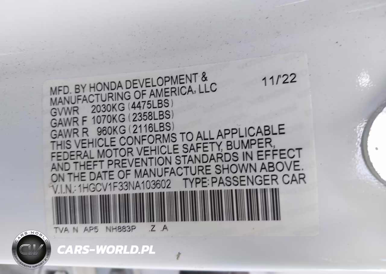 2022 Honda Accord Sport VIN:1HGCV1F33NA103602 - 9