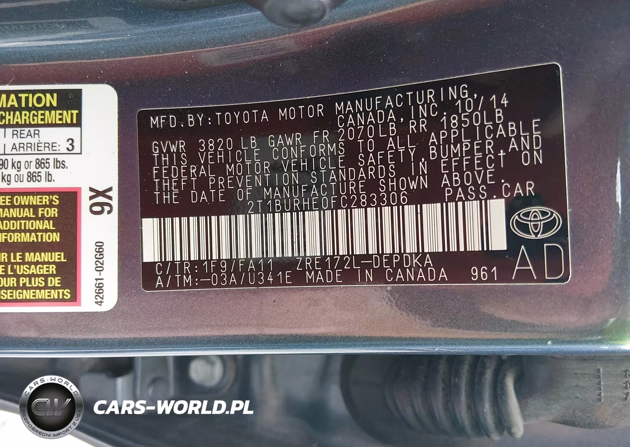 2015 Toyota Corolla L VIN:2T1BURHE0FC283306 - 9