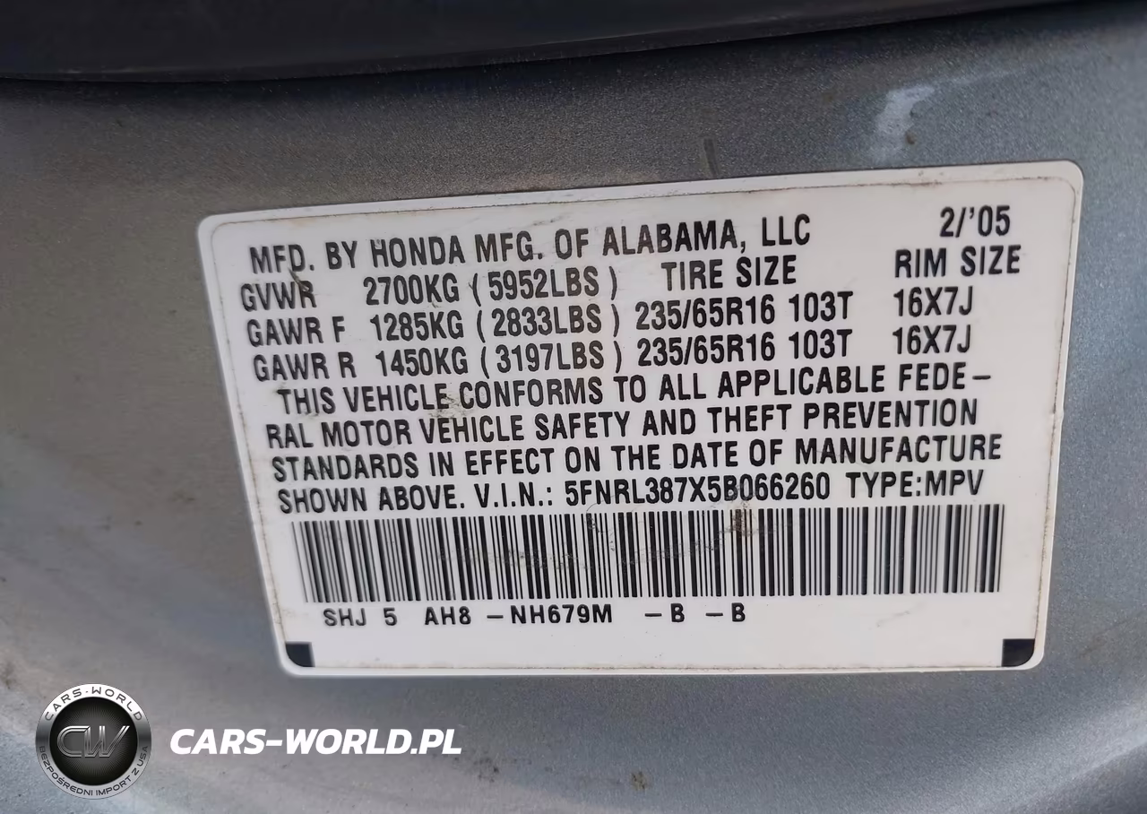 2005 Honda Odyssey Ex-L VIN:5FNRL387X5B066260 - 9