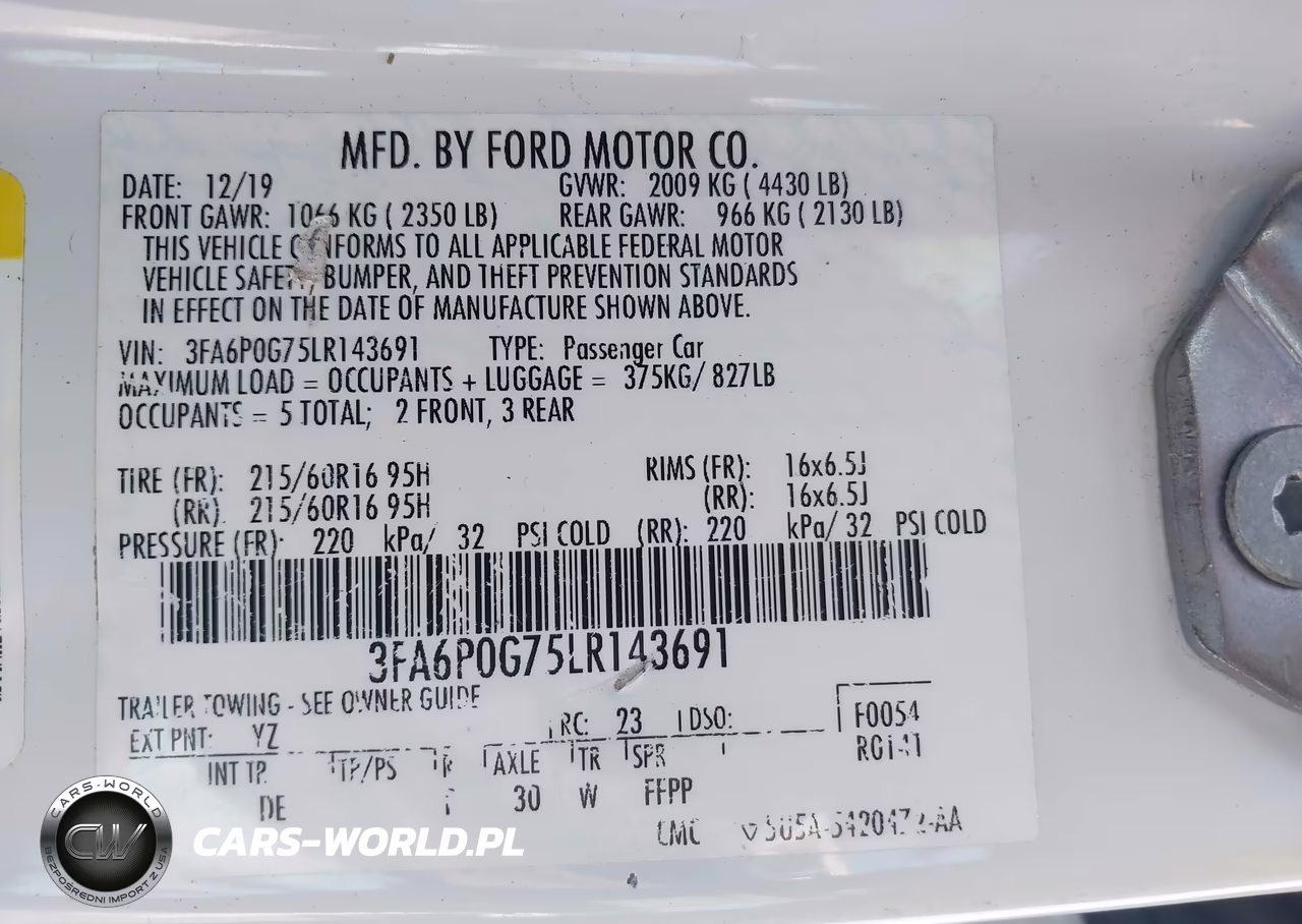 2020 Ford Fusion S VIN:3FA6P0G75LR143691 - 9