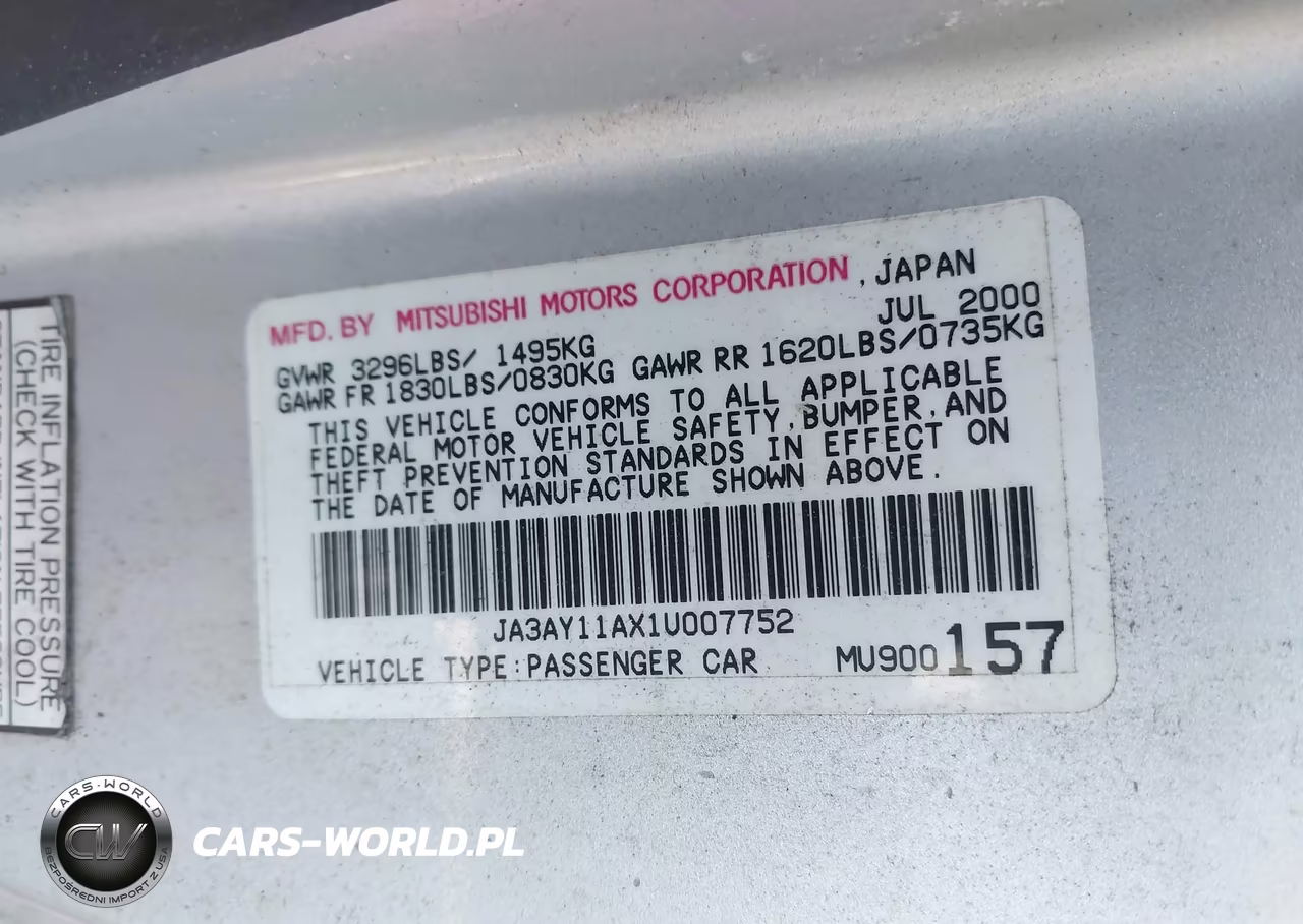 2001 Mitsubishi Mirage De VIN:JA3AY11AX1U007752 - 9