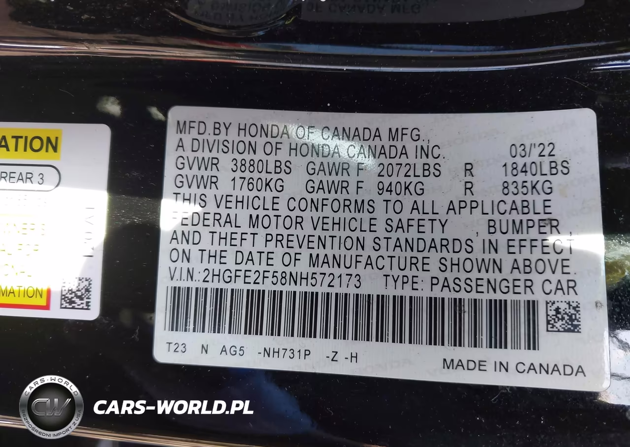2022 Honda Civic Sport VIN:2HGFE2F58NH572173 - 9