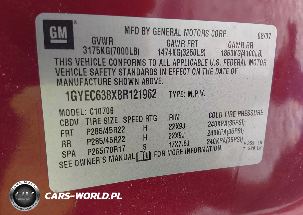 2008 Cadillac Escalade Standard VIN:1GYEC638X8R121962 - 9