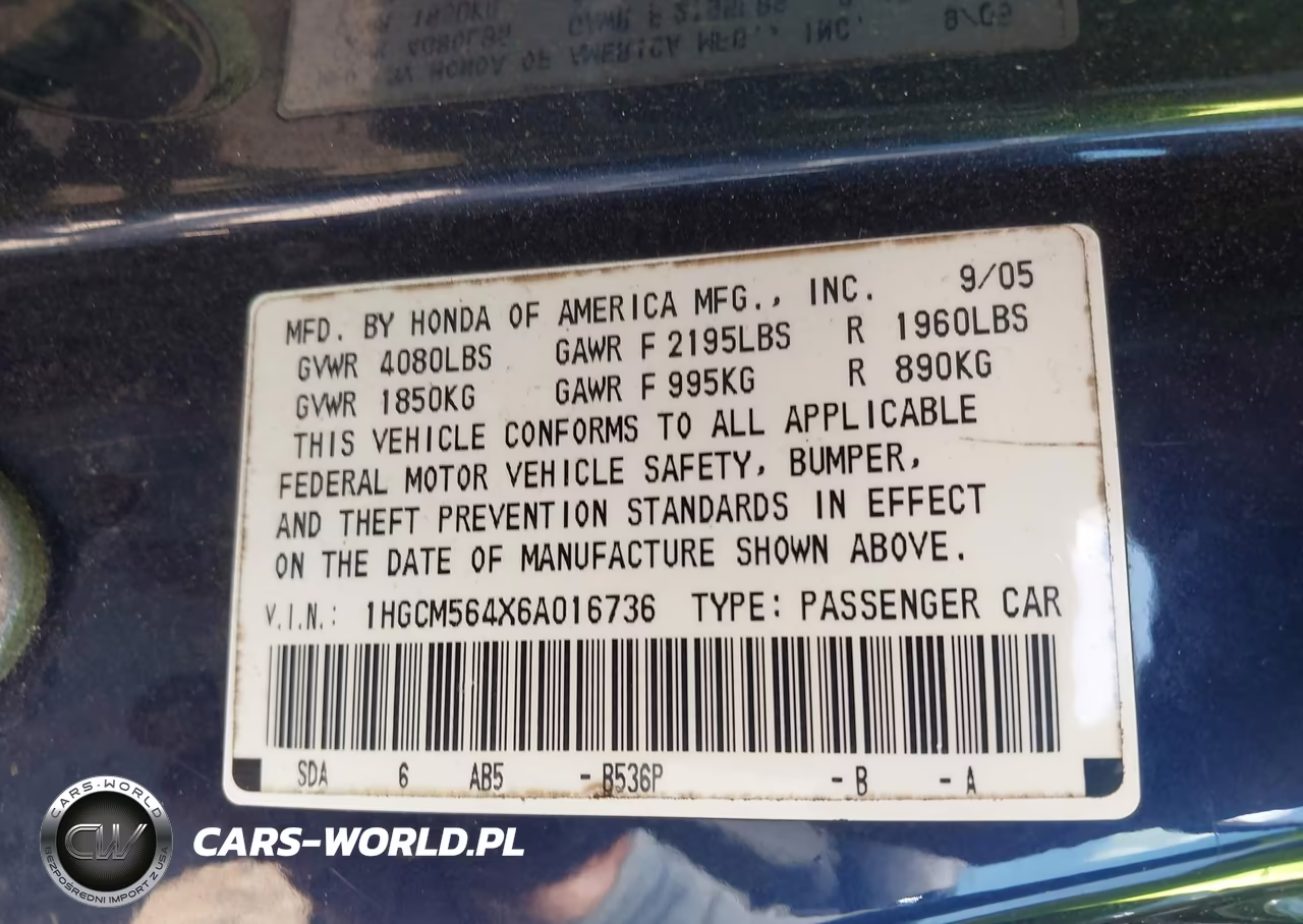 2006 Honda Accord 2.4 Lx VIN:1HGCM564X6A016736 - 9