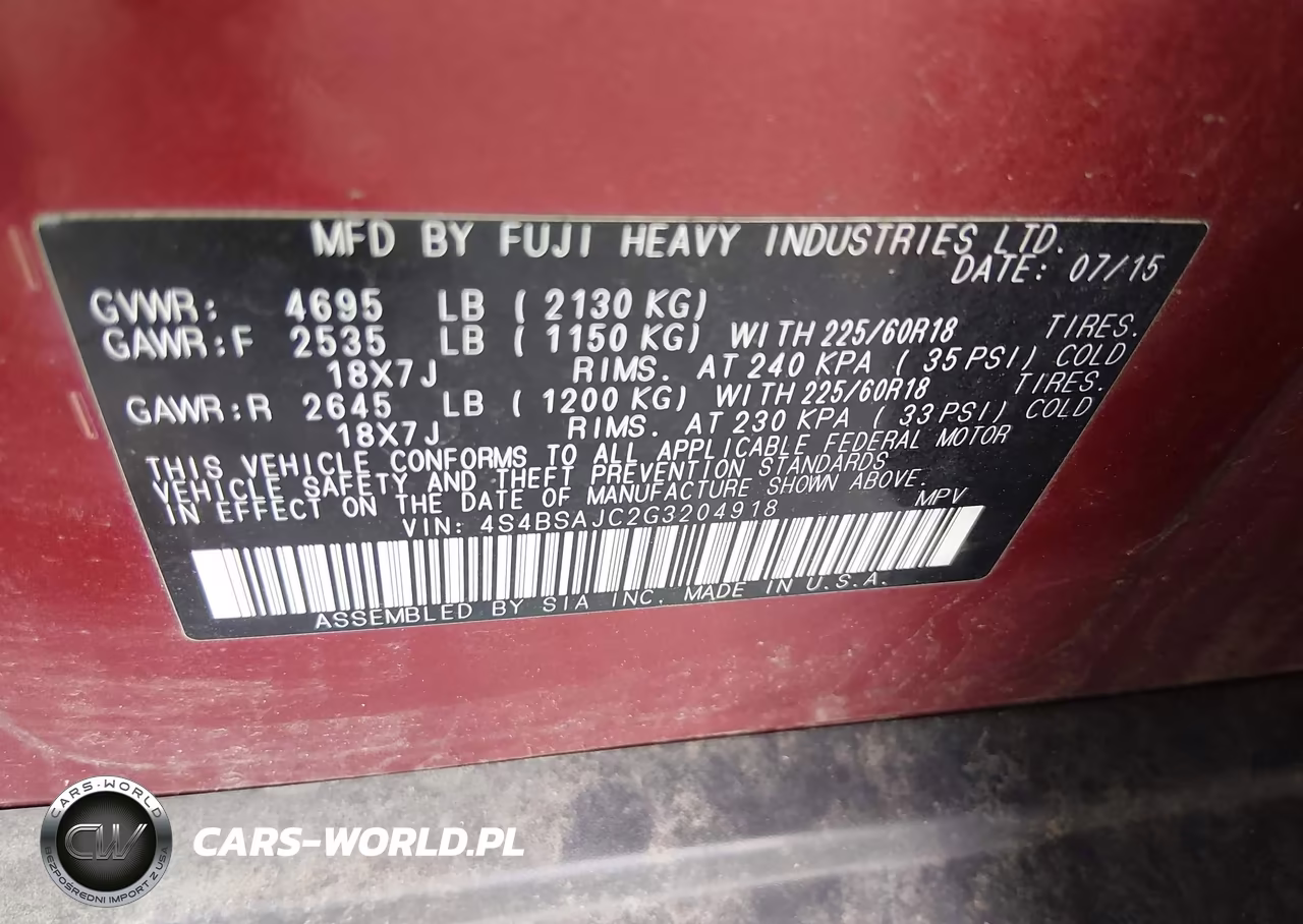 2016 Subaru Outback 2.5I Limited VIN:4S4BSAJC2G3204918 - 9