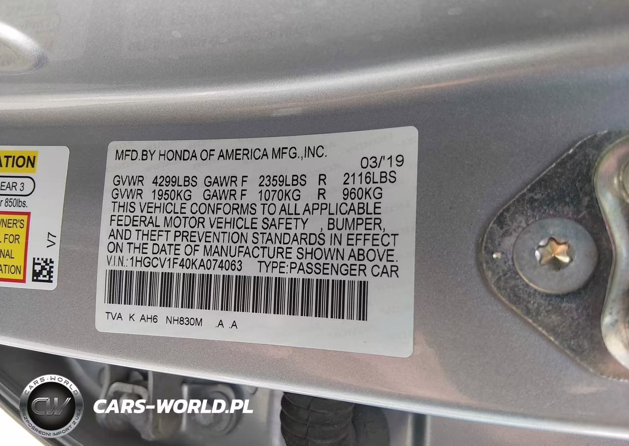 2019 Honda Accord Ex VIN:1HGCV1F40KA074063 - 9