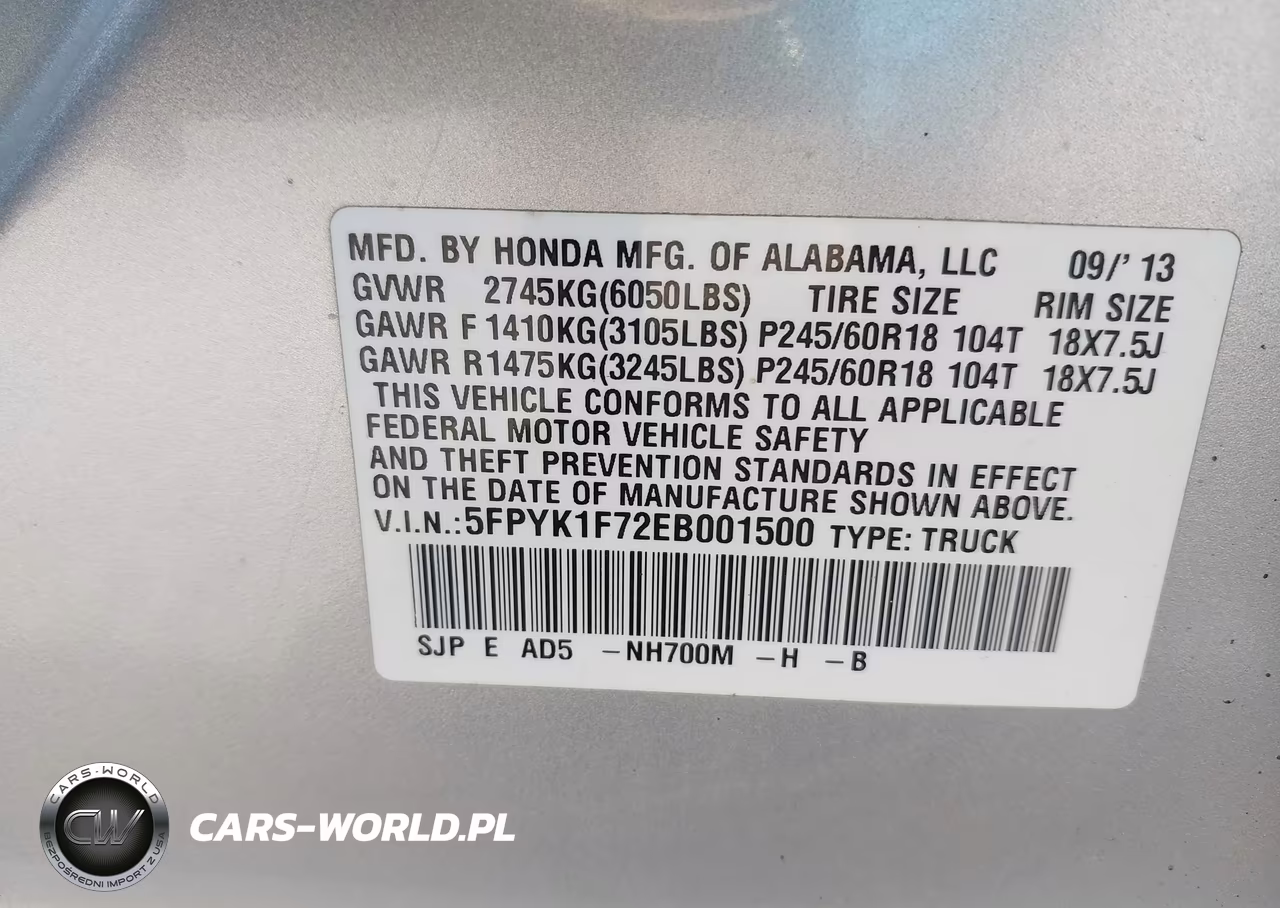 2014 Honda Ridgeline Sport VIN:5FPYK1F72EB001500 - 9