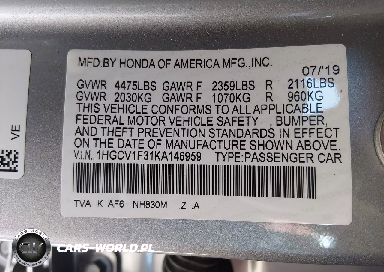 2019 Honda Accord Sport VIN:1HGCV1F31KA146959 - 9