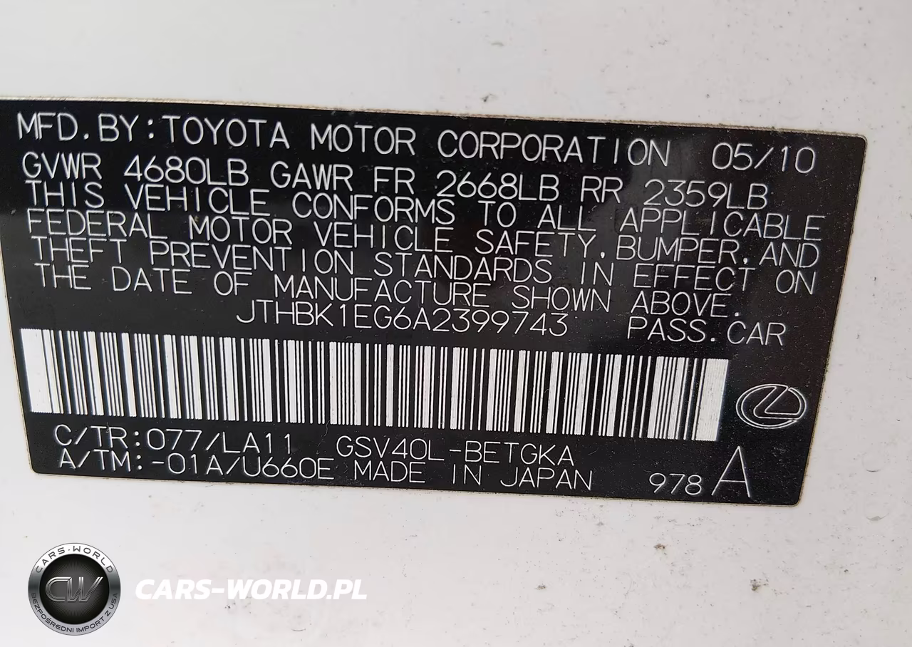2010 Lexus Es 350 VIN:JTHBK1EG6A2399743 - 9