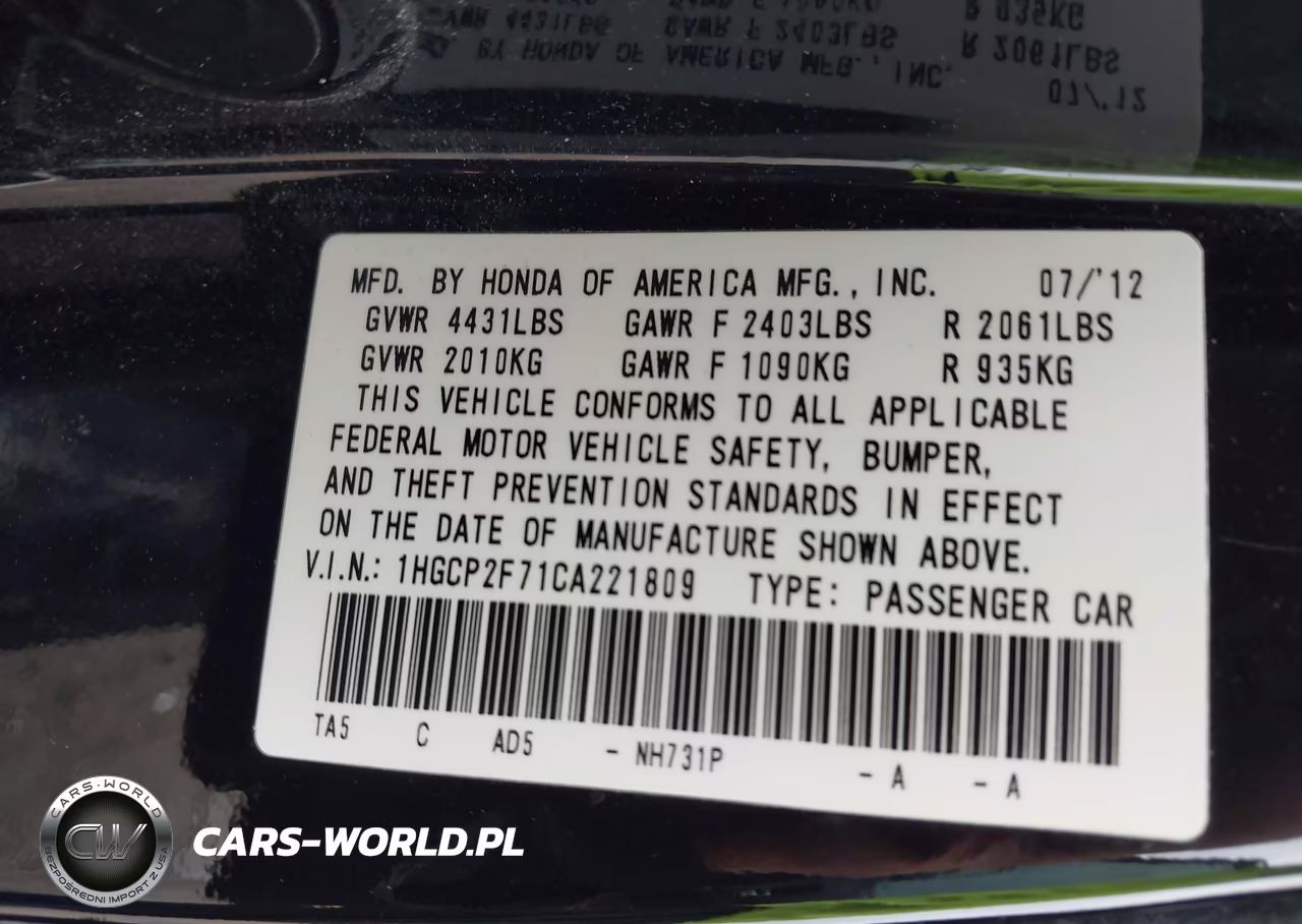 2012 Honda Accord 2.4 Ex VIN:1HGCP2F71CA221809 - 9