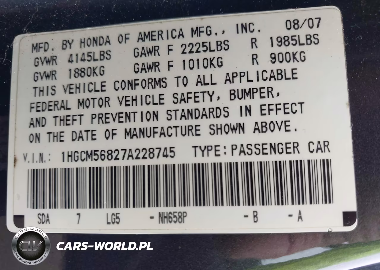 2007 Honda Accord 2.4 Ex VIN:1HGCM56827A228745 - 9
