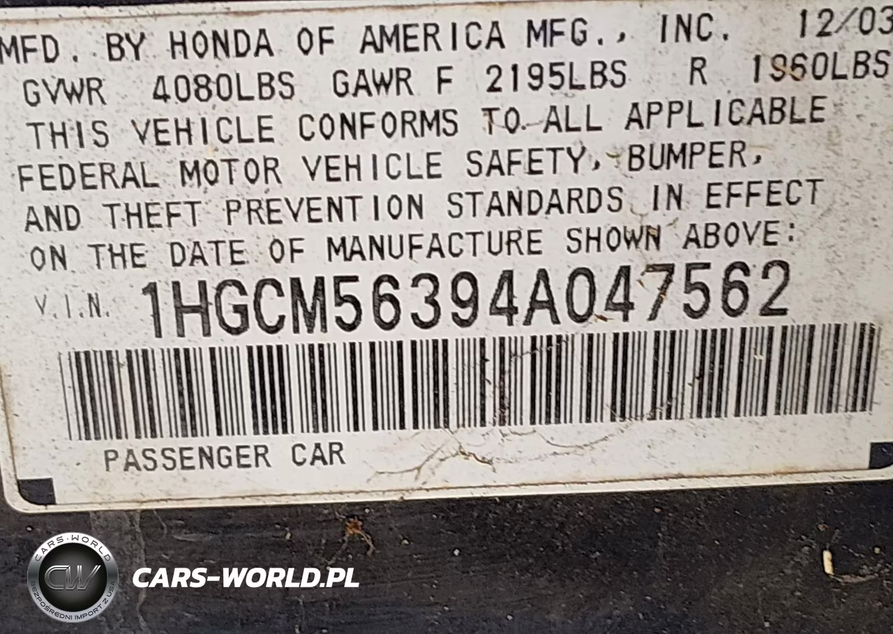 2004 Honda Accord 2.4 Lx VIN:1HGCM56394A047562 - 9