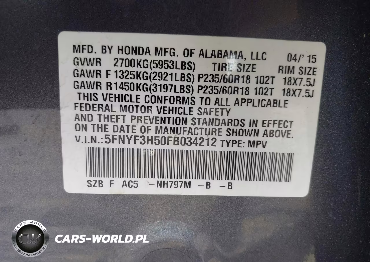 2015 Honda Pilot Ex-L VIN:5FNYF3H50FB034212 - 9