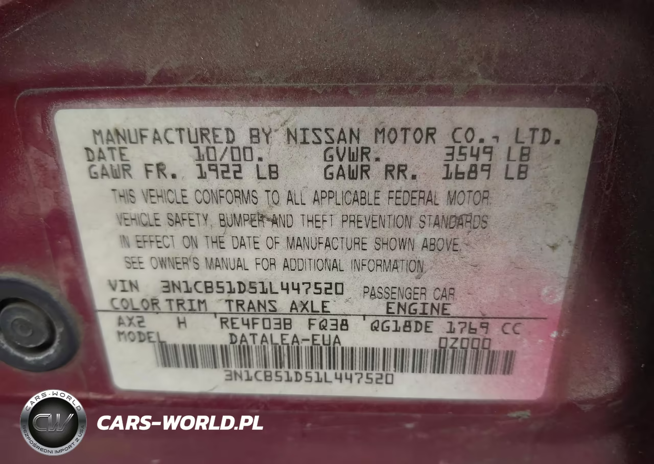 2001 Nissan Sentra Gxe VIN:3N1CB51D51L447520 - 9