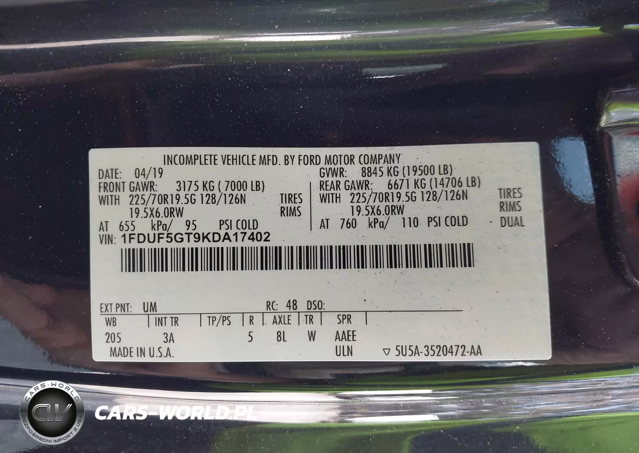 2019 Ford F-550 Chassis Xlt VIN:1FDUF5GT9KDA17402 - 9