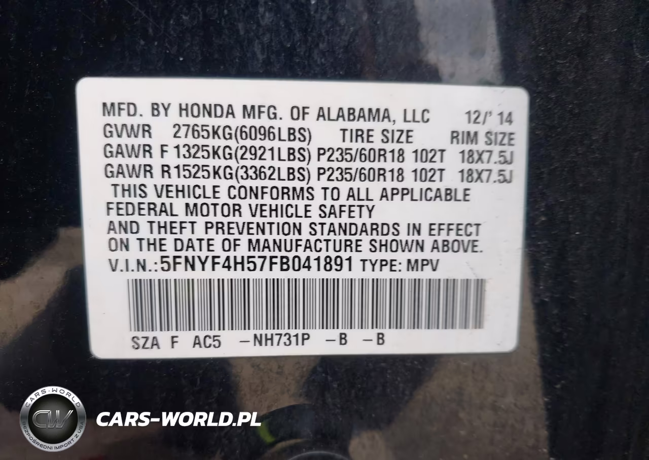 2015 Honda Pilot Ex-L VIN:5FNYF4H57FB041891 - 7