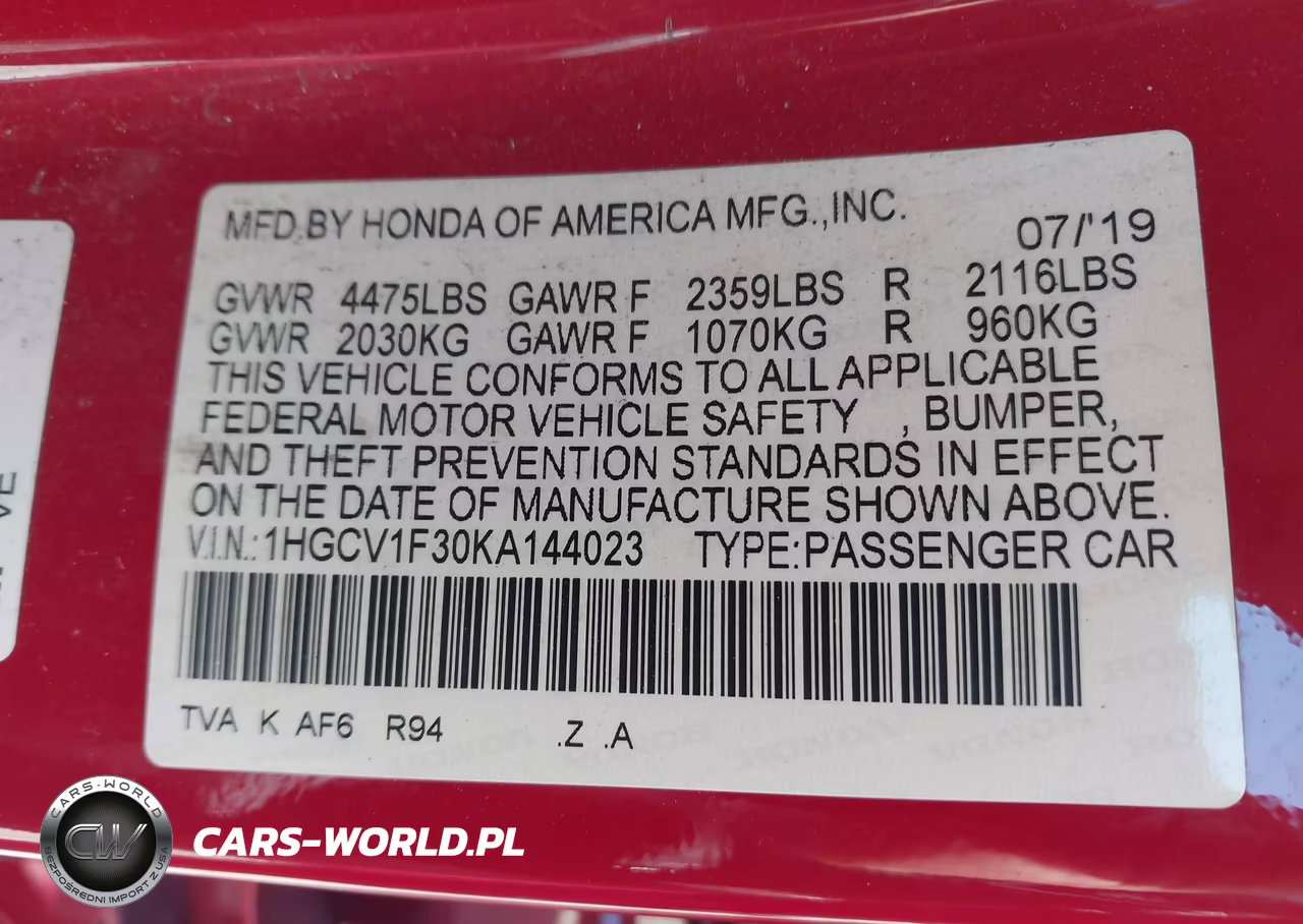 2019 Honda Accord Sport VIN:1HGCV1F30KA144023 - 9