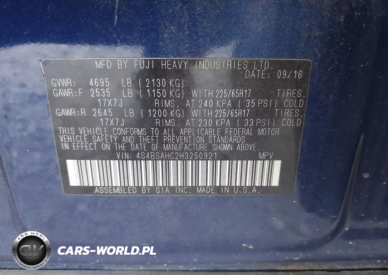 2017 Subaru Outback 2.5I Premium VIN:4S4BSAHC2H3250921 - 9