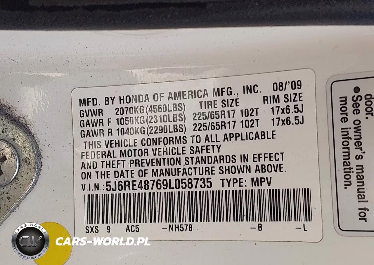2009 Honda Cr-V Ex-L VIN:5J6RE48769L058735 - 9