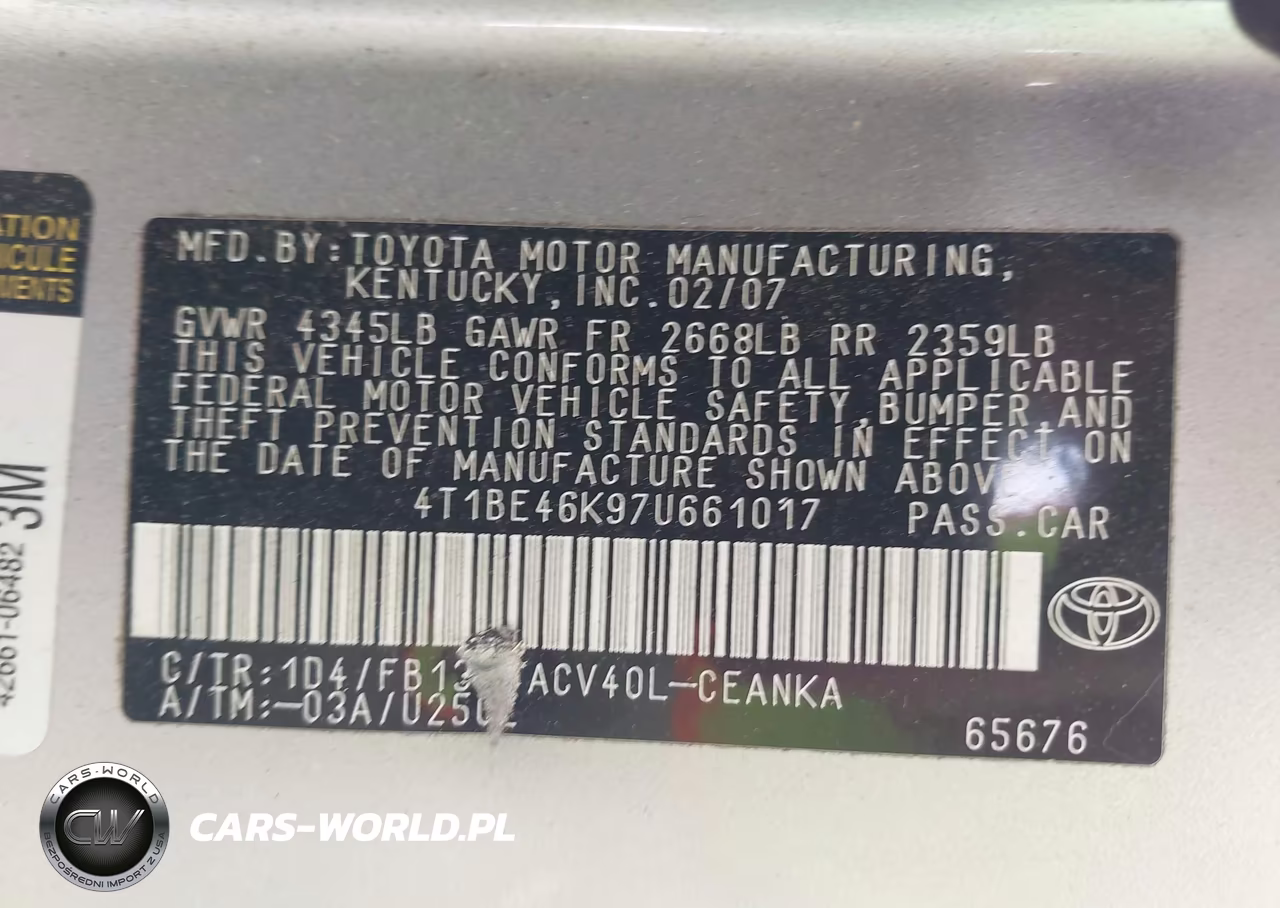 2007 Toyota Camry Le VIN:4T1BE46K97U661017 - 9