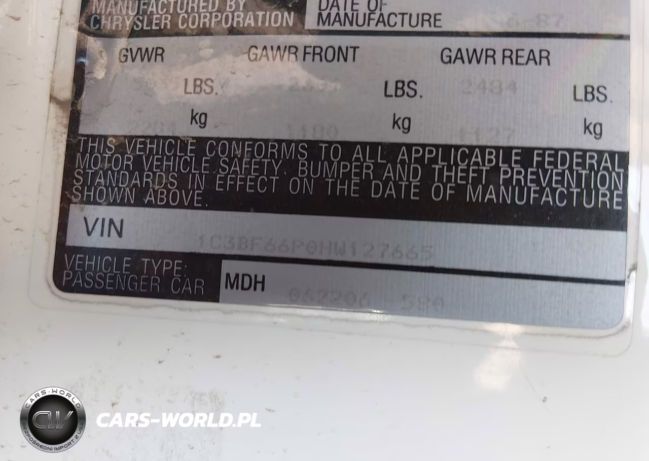 1987 Chrysler Fifth Avenue VIN:1C3BF66P0HW127665 - 9