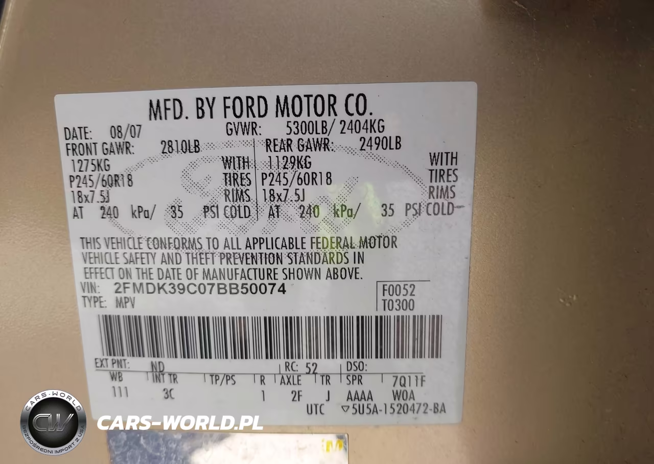 2007 Ford Edge Sel Plus VIN:2FMDK39C07BB50074 - 9