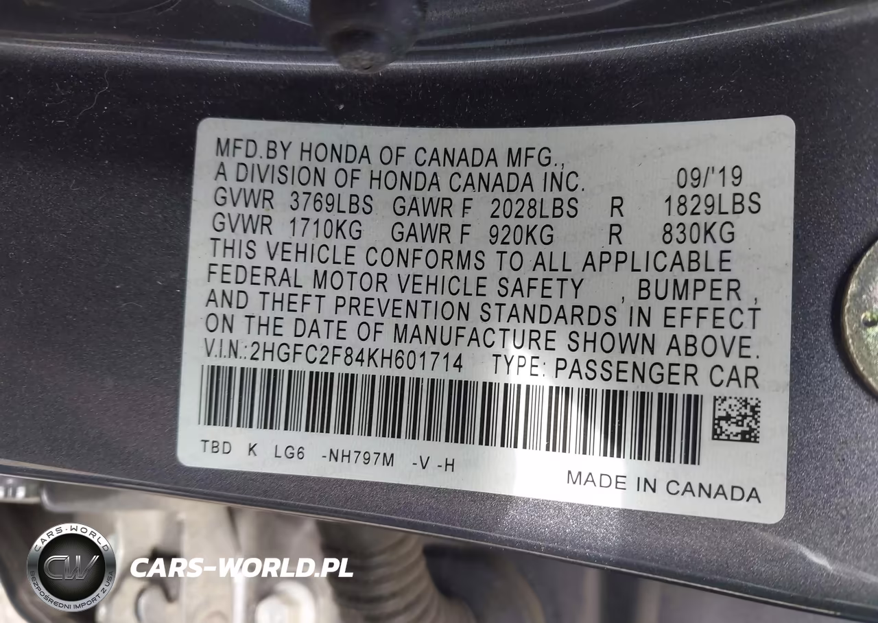 2019 Honda Civic Sport VIN:2HGFC2F84KH601714 - 9