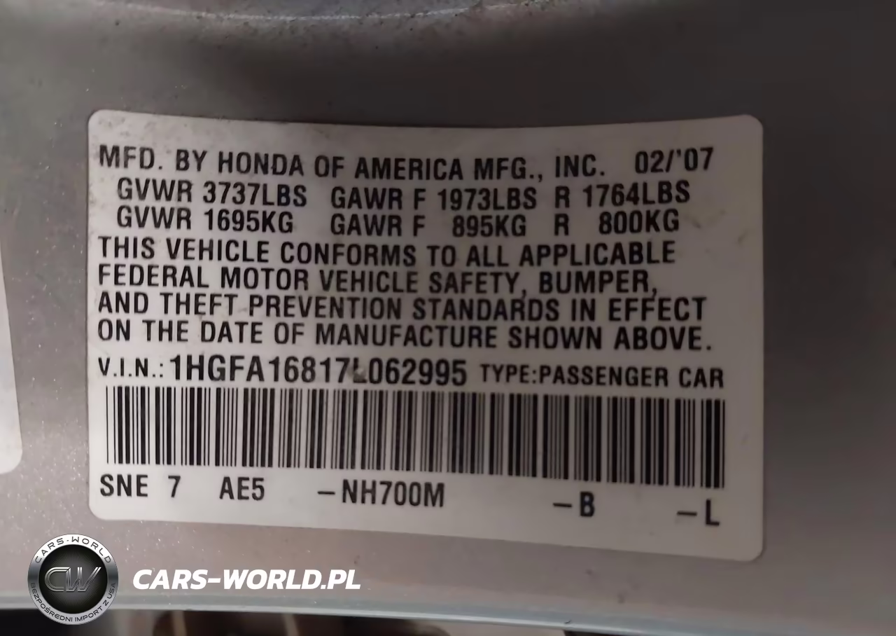2007 Honda Civic Ex VIN:1HGFA16817L062995 - 9