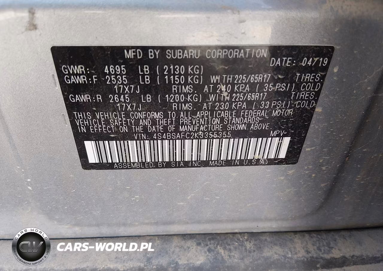 2019 Subaru Outback 2.5I Premium VIN:4S4BSAFC2K3355355 - 9