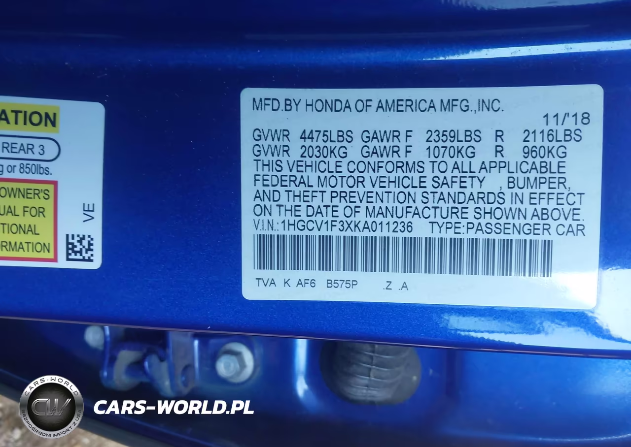2019 Honda Accord Sport VIN:1HGCV1F3XKA011236 - 9