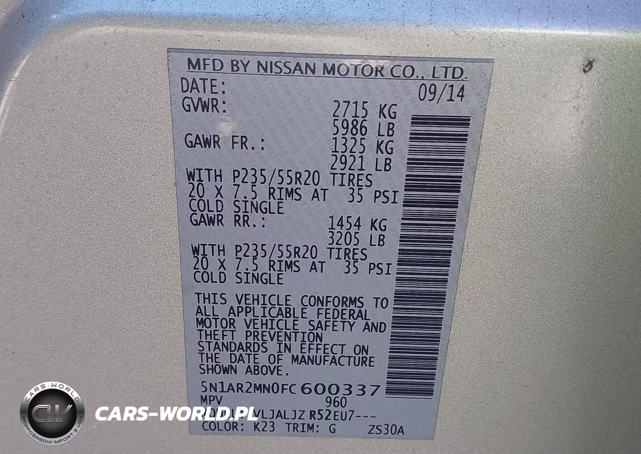 2015 Nissan Pathfinder Platinum VIN:5N1AR2MN0FC600337 - 9
