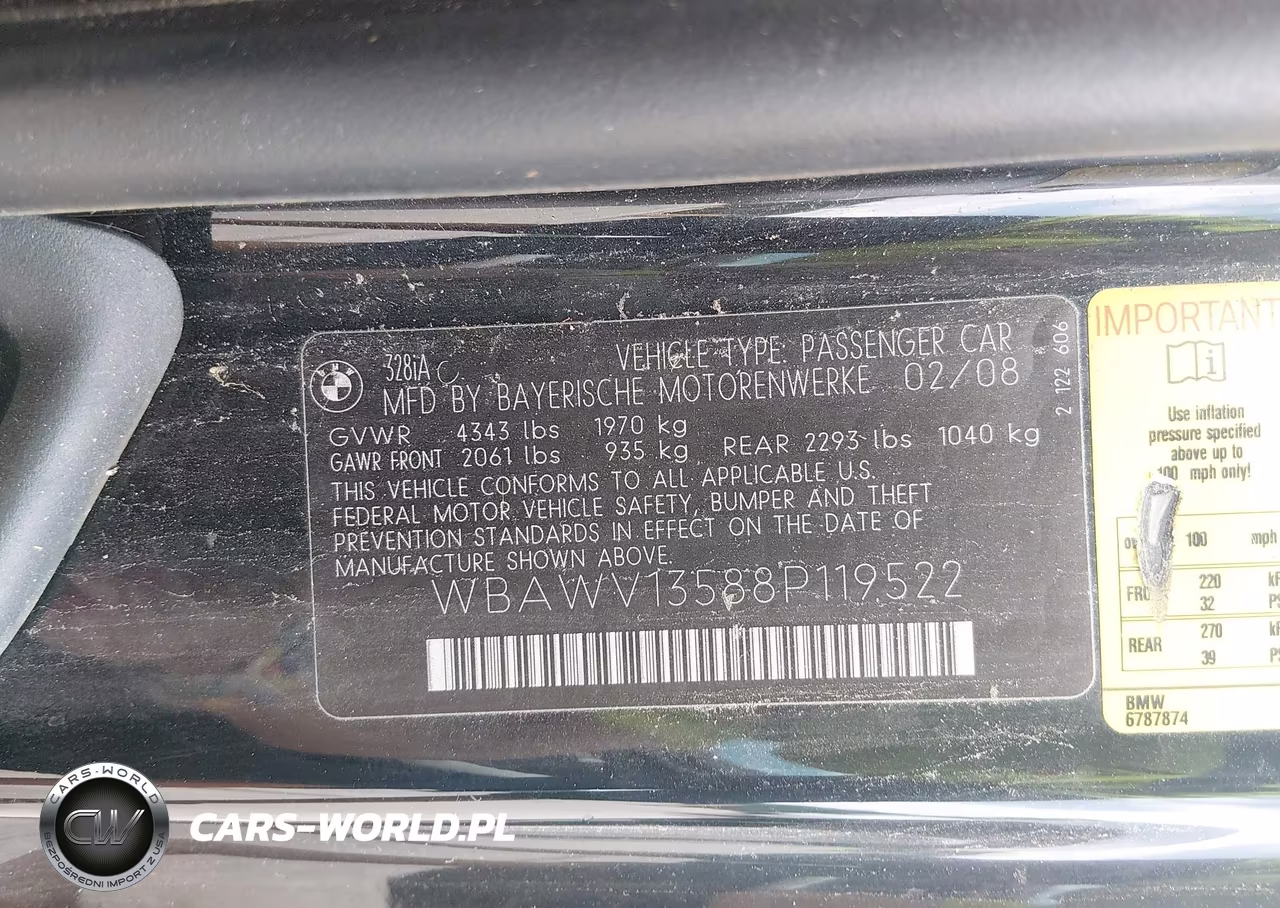 2008 BMW 328I VIN:WBAWV13588P119522 - 9