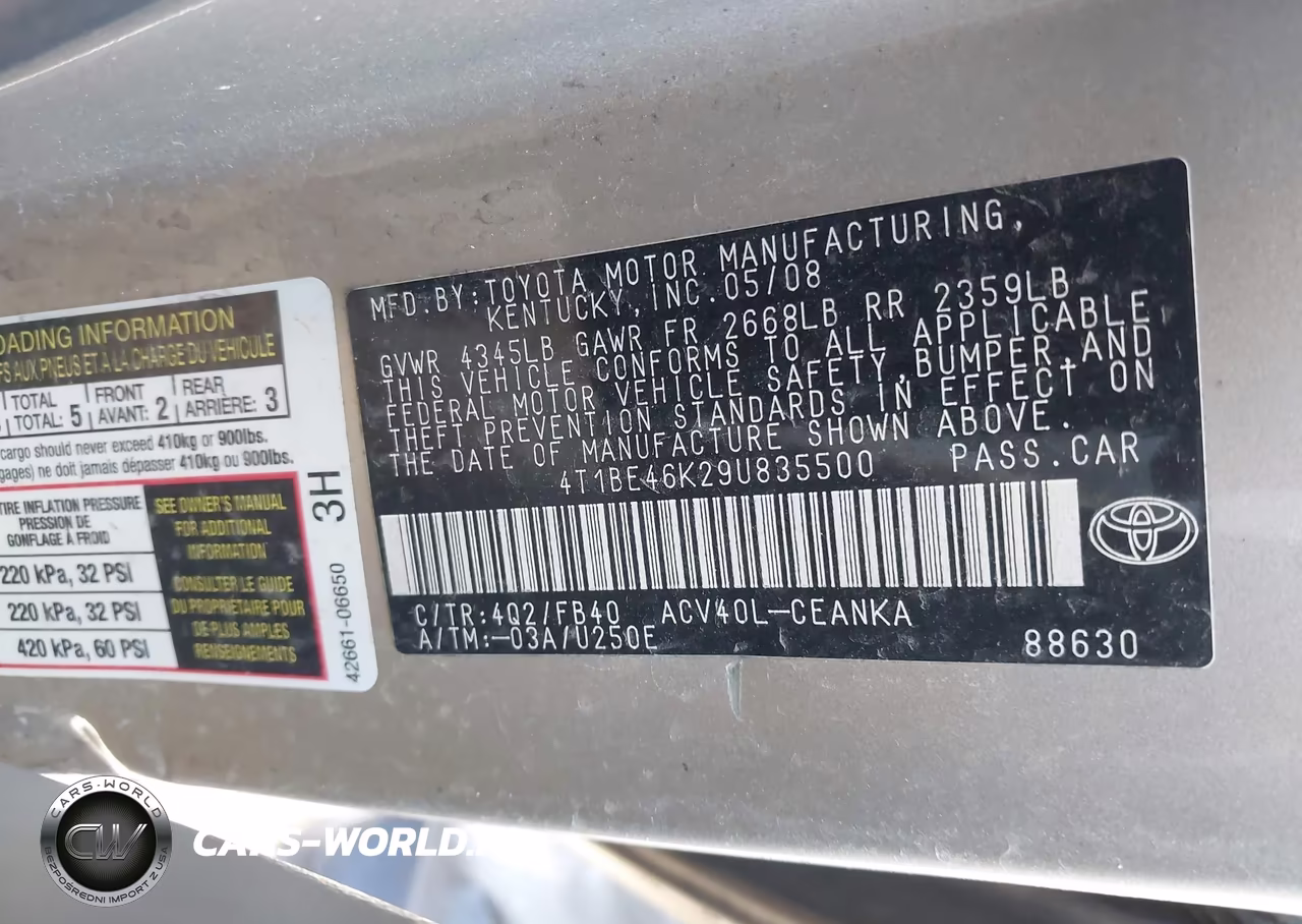2009 Toyota Camry Le VIN:4T1BE46K29U835500 - 9