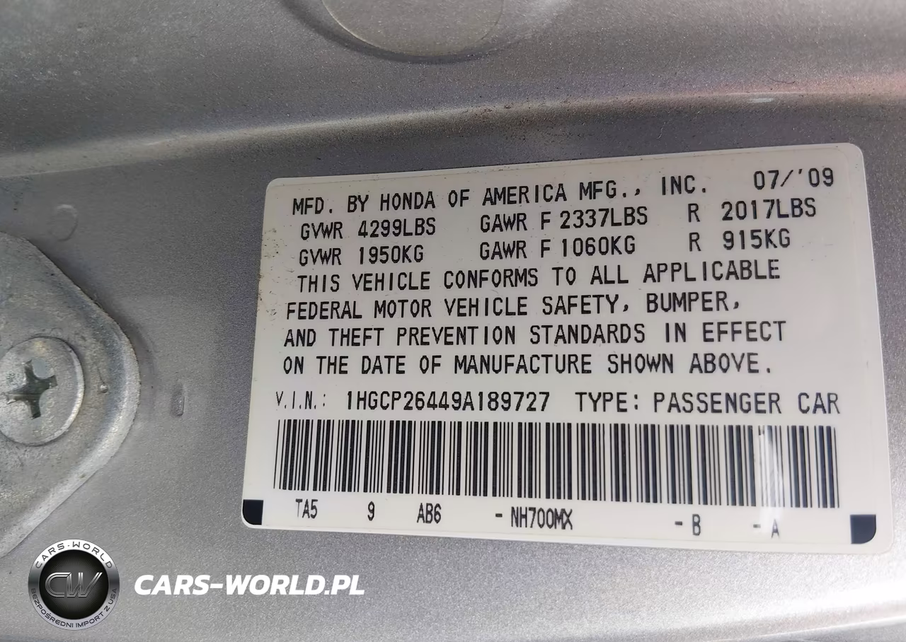 2009 Honda Accord 2.4 Lx-P VIN:1HGCP26449A189727 - 9