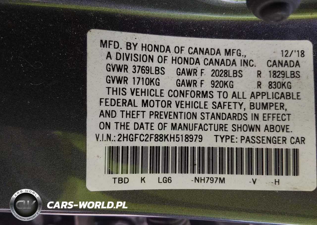 2019 Honda Civic Sport VIN:2HGFC2F88KH518979 - 9