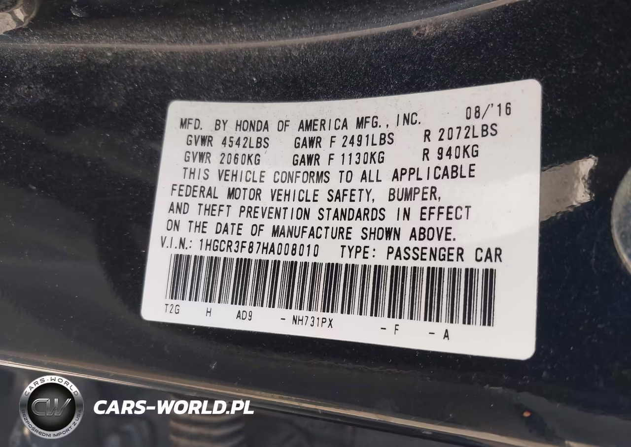 2017 Honda Accord Ex-L V6 VIN:1HGCR3F87HA008010 - 9