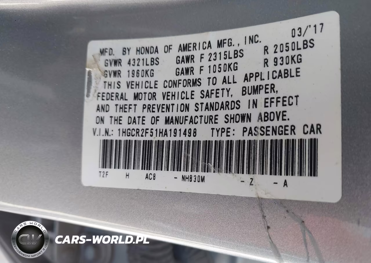 2017 Honda Accord Sport VIN:1HGCR2F51HA191498 - 9