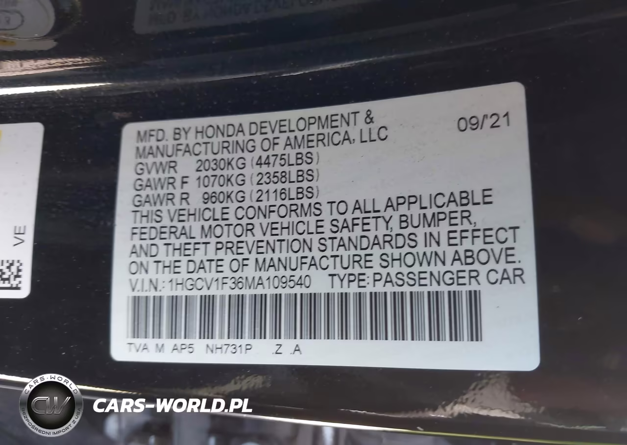 2021 Honda Accord Sport VIN:1HGCV1F36MA109540 - 9