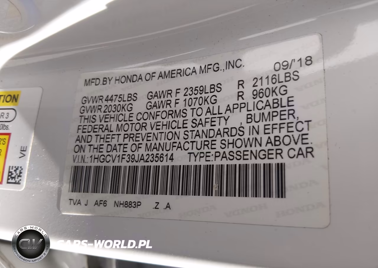 2018 Honda Accord Sport VIN:1HGCV1F39JA235614 - 9