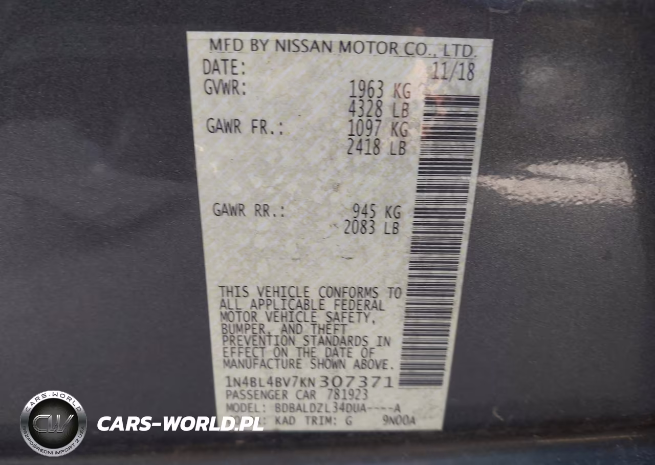 2019 Nissan Altima 2.5 S VIN:1N4BL4BV7KN307371 - 9
