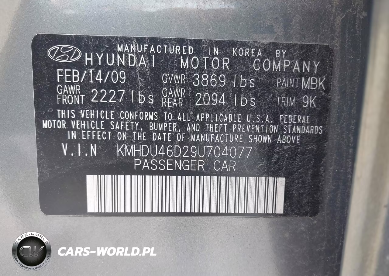 2009 Hyundai Elantra Gls VIN:KMHDU46D29U704077 - 9