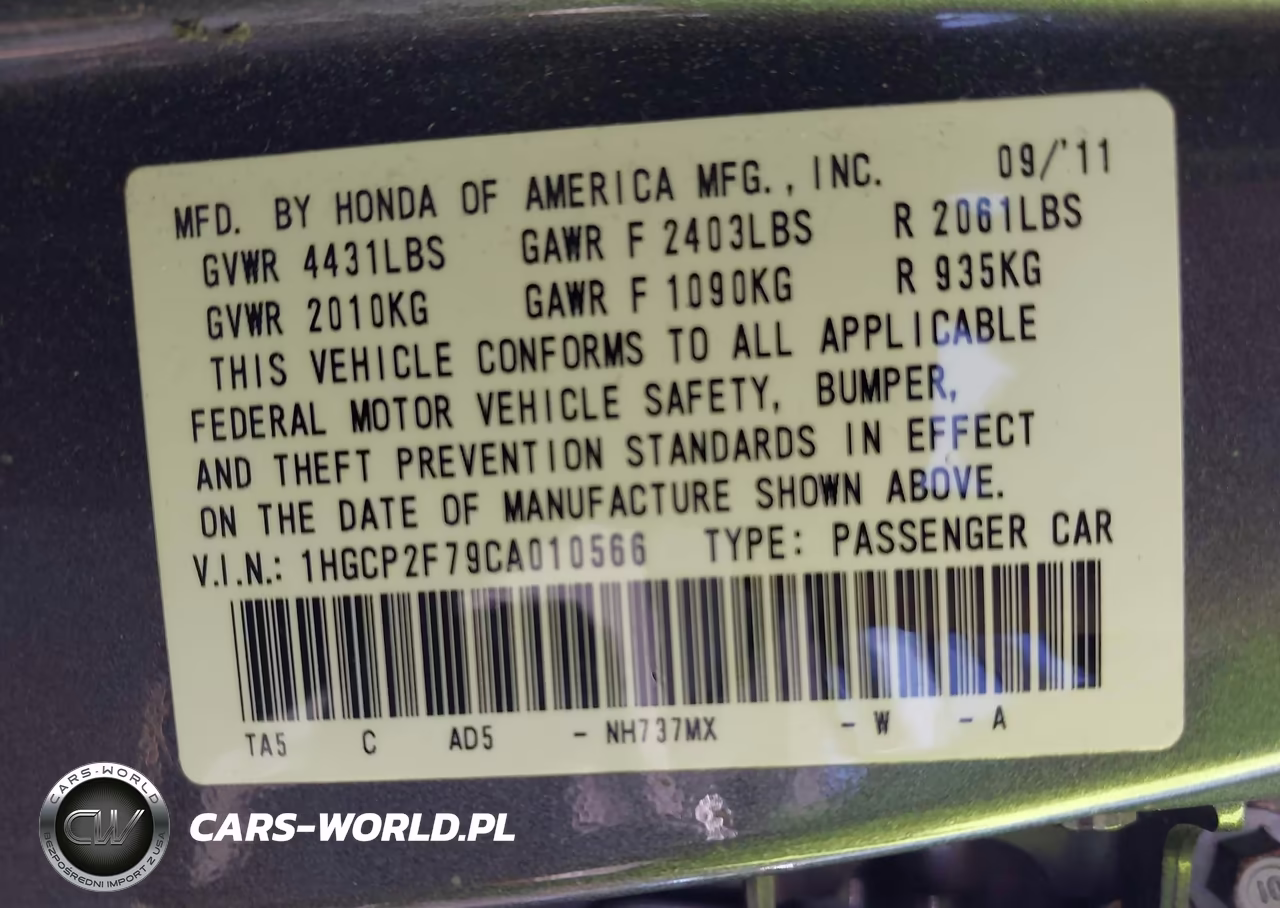 2012 Honda Accord 2.4 Ex VIN:1HGCP2F79CA010566 - 9