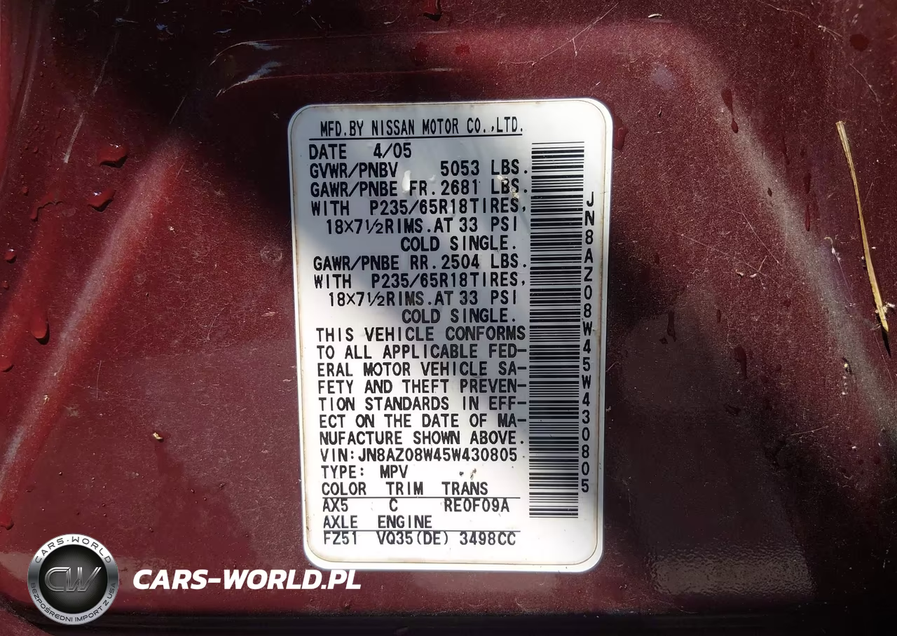 2005 Nissan Murano S VIN:JN8AZ08W45W430805 - 9