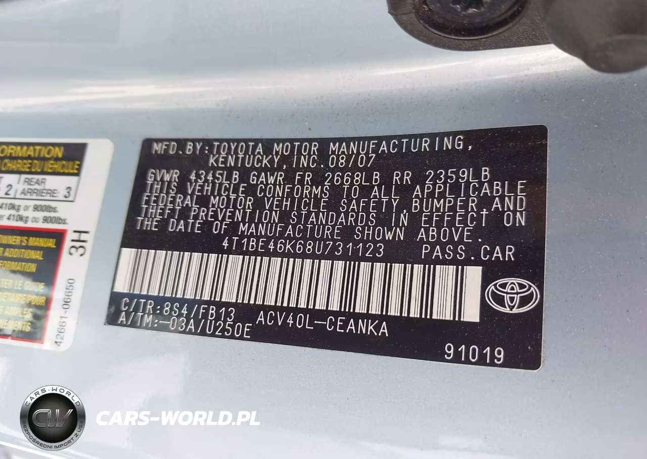 2008 Toyota Camry Le VIN:4T1BE46K68U731123 - 9