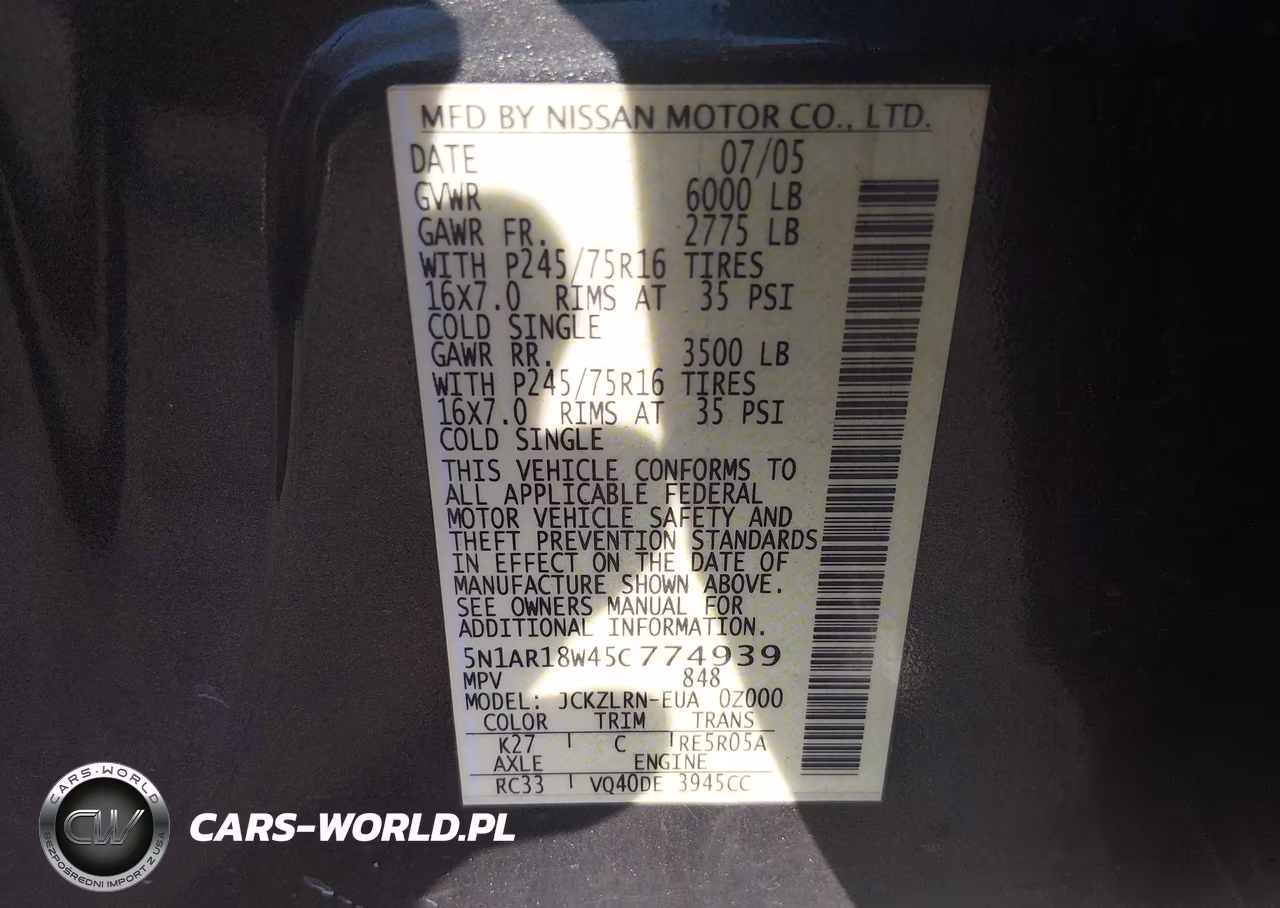 2005 Nissan Pathfinder Xe VIN:5N1AR18W45C774939 - 9