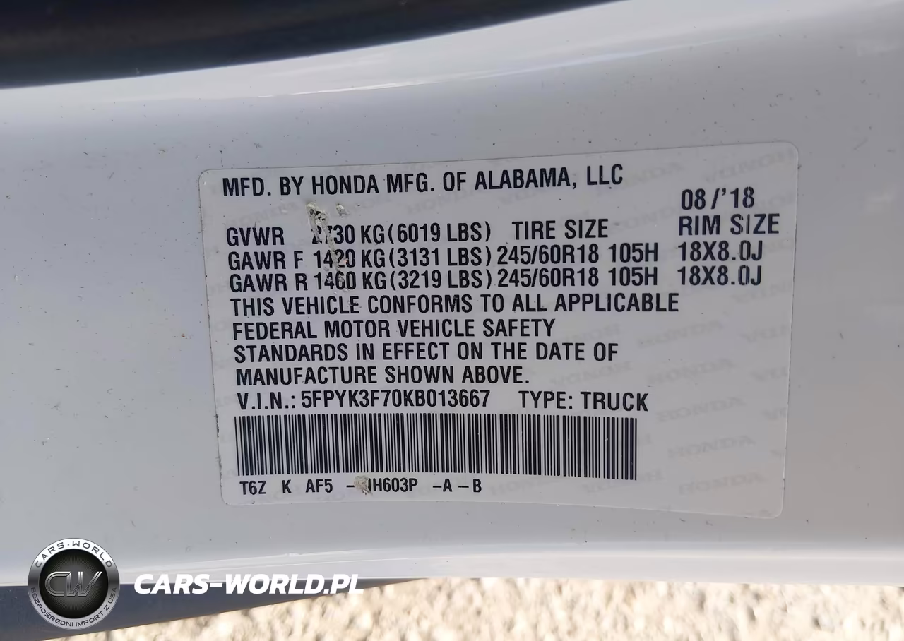2019 Honda Ridgeline Rtl-E VIN:5FPYK3F70KB013667 - 9
