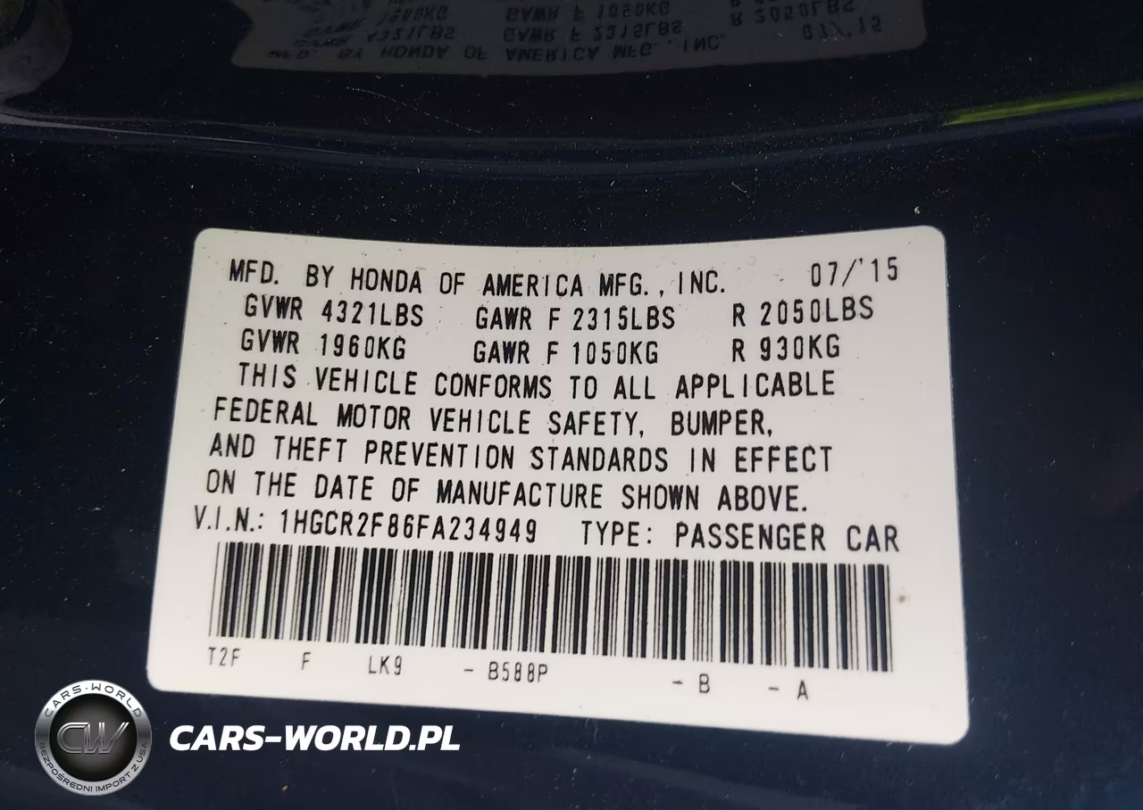 HONDA ACCORD VIN:1HGCR2F86FA234949 - 9